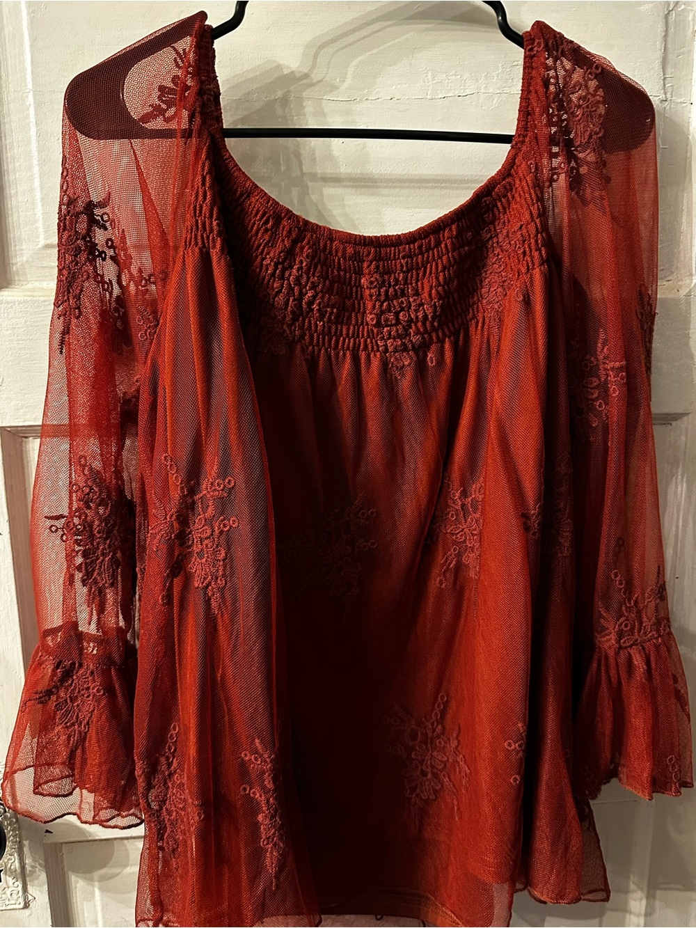 Cato  Red Embroidered Mesh Peasant Blouse